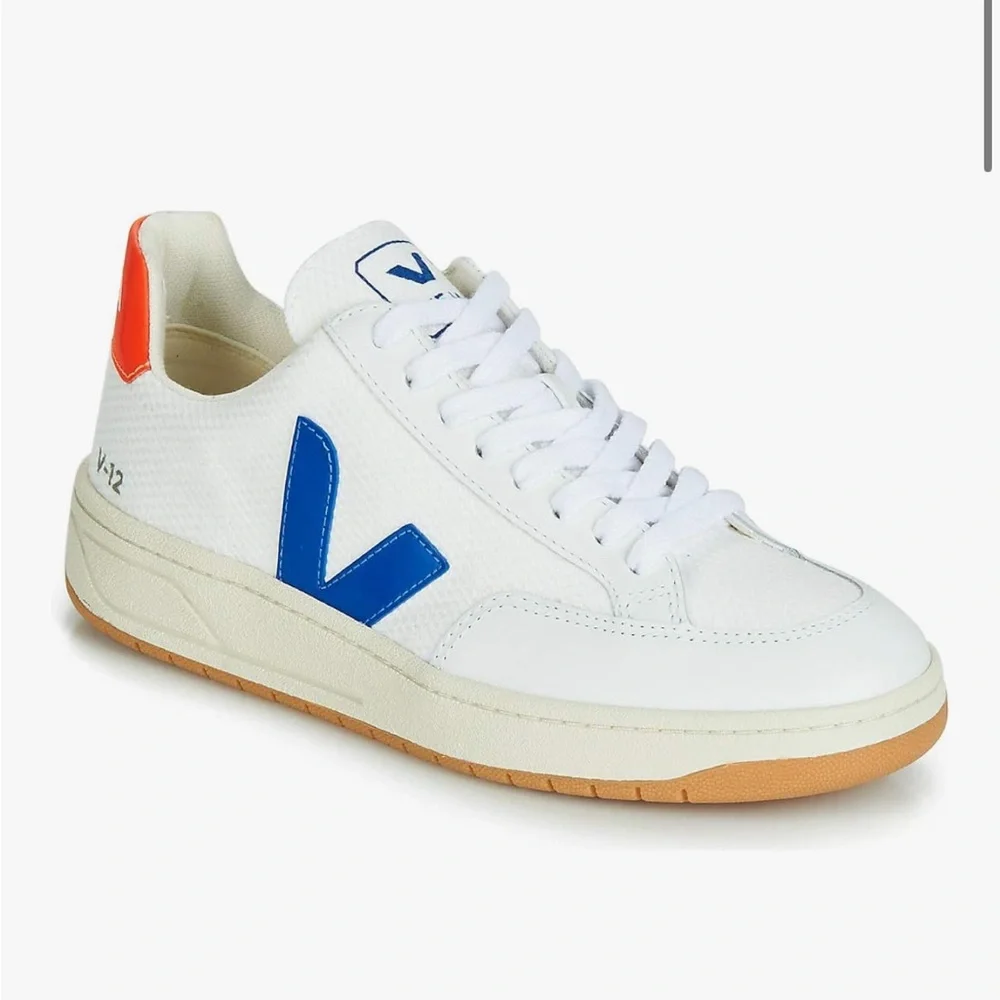 Veja Women’s V-12 White, Blue, and Orange Sneakers - Picture 1 of 9